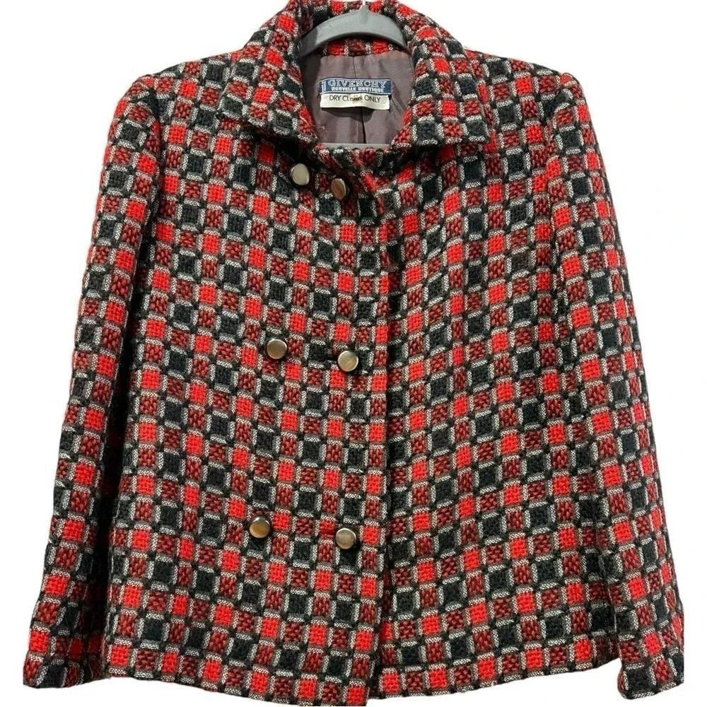 Givenchy‎ Boutique Vintage Wool Blend Skirt Suit Red Black Check 10 / 12